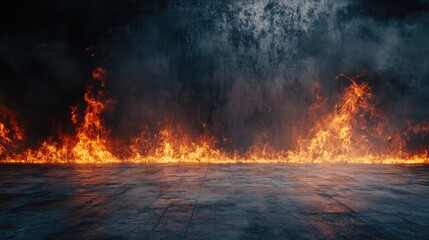 Poster - Flames and smoke realistically enveloping a blank concrete surface, creating an intense and dramatic backdrop with a strong sense of heat and destruction.