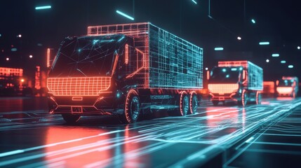 Poster - Futuristic delivery trucks with neon glowing lines and squares interconnecting them, representing cutting-edge transport technology and digital logistics systems.