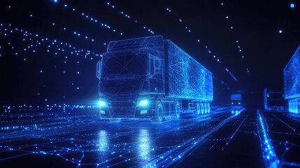 Poster - Glowing blue lines and abstract network design forming a digital representation of trucks on the move, connected in a seamless and futuristic transportation system.