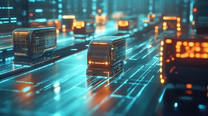 Poster - Glowing lines and squares connecting futuristic delivery trucks, forming an integrated network of fast and efficient transport technology in a modern city setting.