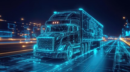 Poster - High-tech abstract digital network for futuristic truck transportation, featuring glowing blue lines, data mesh, and interconnected nodes creating a modern tech environment.