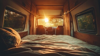 Aufkleber - Inside a cozy camper van with soft golden morning light streaming through the back doors, casting warm hues over the interior, set against a serene natural backdrop.
