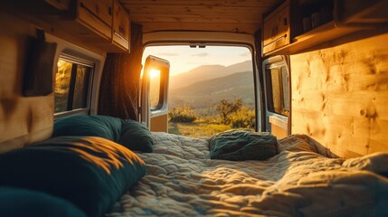 Aufkleber - Inside a cozy camper van with soft golden morning light streaming through the back doors, casting warm hues over the interior, set against a serene natural backdrop.