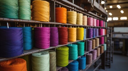 Poster - Large barrels filled with vibrant yarn in various colors, displayed in an industrial textile dyeing factory.