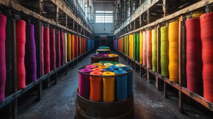 Poster - Large, industrial barrels filled with colorful yarn in a textile factory, showing the variety and vibrancy of the yarn dyeing process.