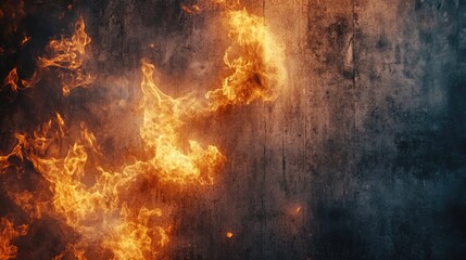 Poster - Realistic fire and smoke curling around a blank concrete backdrop, creating a fiery, intense atmosphere with powerful visual impact.