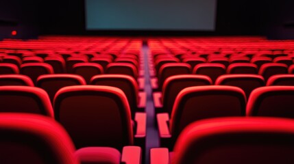 Poster - Rows of empty red cinema seats in front of a blank movie screen, creating a calm, empty atmosphere waiting for the next show.