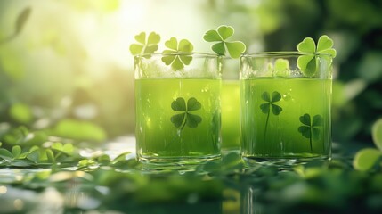 Poster - Refreshing green juice served in glasses with clover leaves floating on top, set in a fresh, natural environment.