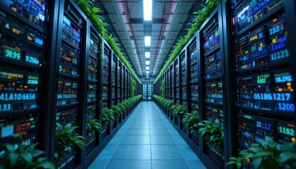 Poster - Modern Data Center with Server Racks and Greenery Enhancements