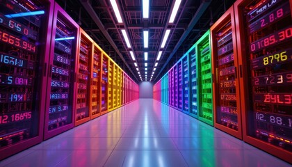 Poster - Colorful Data Center Corridor with Vibrant Server Racks and Lights