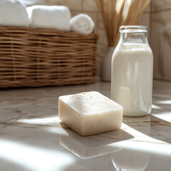 Poster - serene bathroom scene featuring bar of soap and glass bottle of milk on marble floor, complemented by soft towels in basket