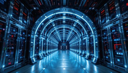 Poster - Futuristic Data Center Corridor with Glowing Blue Lighting