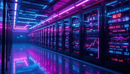 Poster - Vibrant Data Center with Neon Lights and Digital Screens