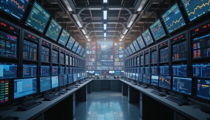 Poster - Modern Trading Room with Multiple Monitors and Financial Data