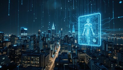 Poster - Futuristic Cityscape with Digital Body Technology Visualization