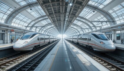 Poster - Modern High-Speed Trains at a Sleek Urban Station Interior