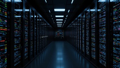 Poster - Dark Server Room with Rack Servers and Colorful LED Lights