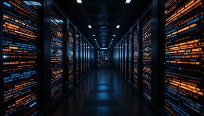 Poster - Futuristic Data Center Corridor with Illuminated Server Racks
