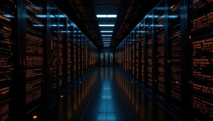 Poster - Futuristic Data Center Corridor with Illuminated Server Racks