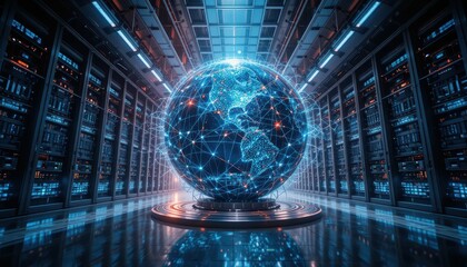 Poster - Digital Globe Surrounded by Data Servers in High-Tech Environment