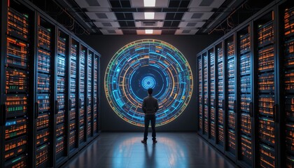 Poster - Person Observing Data Visualization in High-Tech Server Room