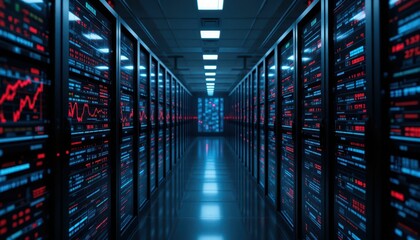 Poster - Futuristic Data Center Interior with Rows of Servers and Digital Displays