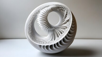 An abstract three dimensional white sculpture with intricate designs on display