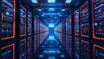 Poster - Futuristic Data Center Interior with Neon Lighting and Reflections