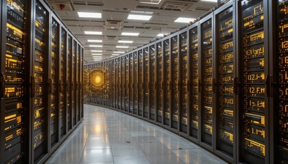 Poster - Modern Data Center with Rows of Server Racks and Glowing Lights
