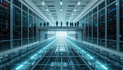 Poster - Futuristic Data Center with Silhouetted Figures Overlooking Technology