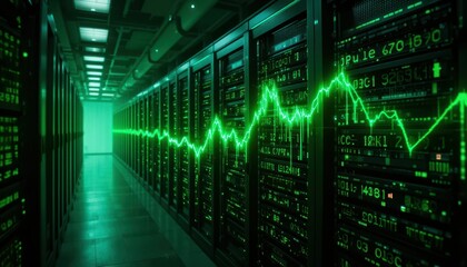 Poster - Futuristic Data Center with Green Waveform Visualization in Background