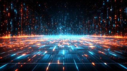 Poster - Futuristic data stream visualization for technology innovation featuring digital connectivity with a vibrant abstract matrix backdrop