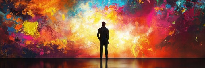 Poster - Artist immersed in vibrant creativity before a large canvas filled with energetic paint splashes