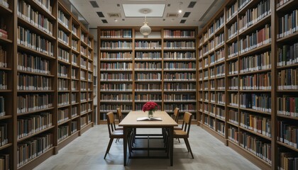 Poster - Serene Library Interior with Rows of Books and a Wooden Table