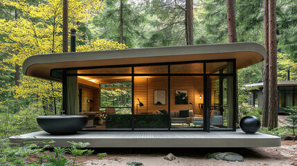 Poster - modern minimalist cabin surrounded by lush greenery, featuring large glass windows and sleek design. serene atmosphere invites relaxation