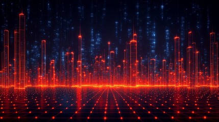 Poster - Futuristic cyberpunk landscape with glowing neon grid and digital skyline illustration for virtual reality and advanced technological concepts