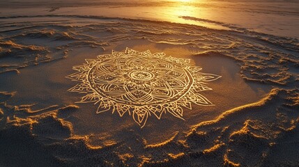 Aufkleber - Intricate sand drawings capturing creative symbols in warm golden light at sunset along a serene beach