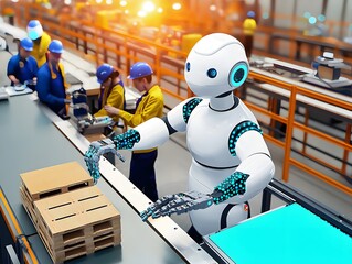 Poster - Advanced collaborative robot working efficiently on a conveyor belt assisting human workers in a modern factory