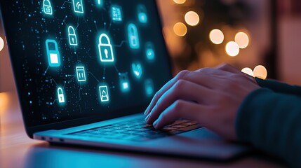Poster - A person types on a laptop showing security icons, representing cybersecurity and digital safety.