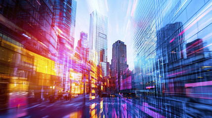 Poster - Vibrant cityscape with colorful lights and modern skyscrapers, showcasing urban energy and innovation