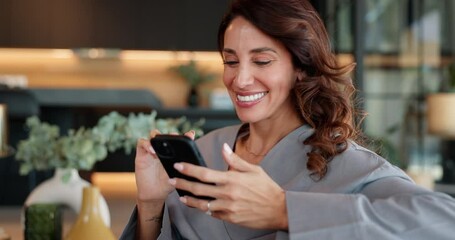 Poster - Home, relax and woman on couch, cellphone and typing with internet, connection and message. Happy person, apartment and mature lady with smartphone, communication or social media with contact or text