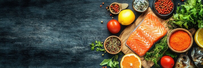 Poster - Colorful assortment of fresh ingredients on wooden board ready for culinary creations in a kitchen setting Generative AI