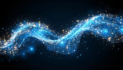 Poster - Abstract Blue Wavy Flow of Glowing Particles, Dynamic Energy Wave on a Dark Background
