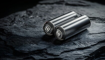 Poster - Two Sleek Aluminum Cans Resting On Dark Stone