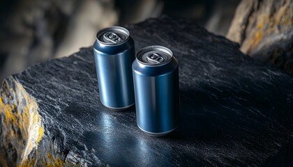 Poster - Two Blue Aluminum Cans Resting on Dark Rock