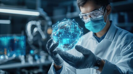 Aufkleber - A man in a lab coat is holding a blue sphere with a computer chip inside