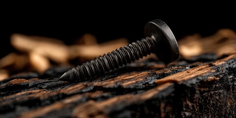 Poster - Textured roofing nail resting on a weathered wooden surface under soft lighting Generative AI