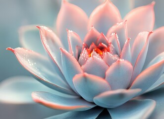 Poster - Stunning Close-up of a Delicate Pink Succulent Flower with Soft Petals and Dewdrops on a Gentle Blue Background for Nature Enthusiasts and Botanical Illustrations