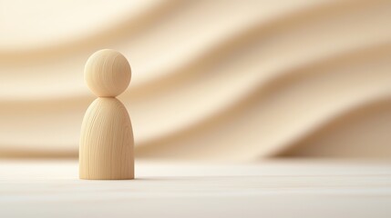 Poster - A wooden figurine stands alone against smoothly curved wooden backgrounds, creating a serene and minimalist atmosphere.