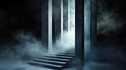 Poster - A dark, foggy room with a staircase leading up to a door